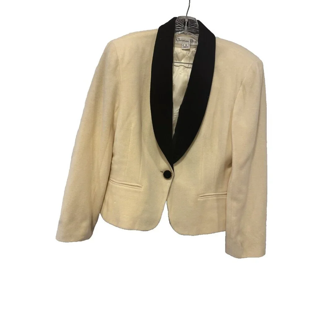 Christian Dior Blazer Jacket CREAM COLOR WITH BLACK VELVET COLLAR SZ 10